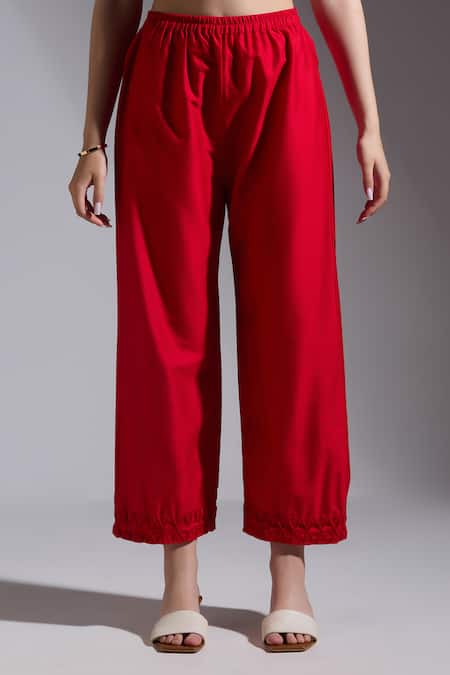 Shop Neha Gursahani Red Silk Smocking Collared Smocked Top And Pant Set Shop_Neha Gursahani_Red Silk Smocking Collared Smocked Top And Pant Set