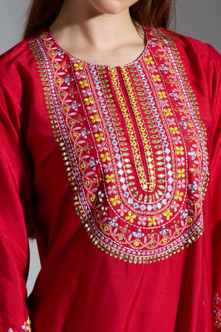 Buy_Neha Gursahani_Red Silk Embroidery Round Neck Co-ord Set _Online_at_Aza_Fashions