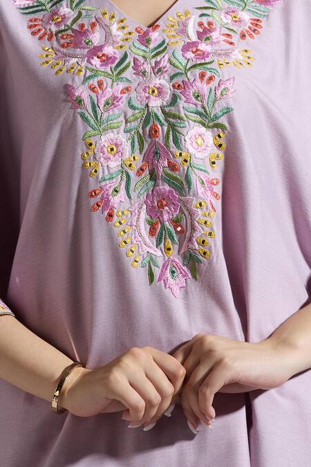 Neha Gursahani_Purple Silk Embroidery V-neck Light Co-ord Set _Online_at_Aza_Fashions