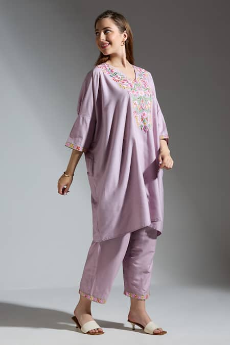 Buy_Neha Gursahani_Purple Silk Embroidery V-neck Light Co-ord Set _Online_at_Aza_Fashions