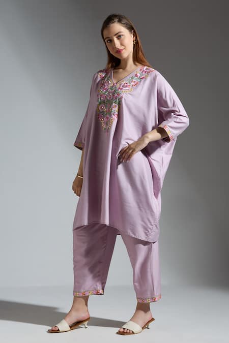 Shop_Neha Gursahani_Purple Silk Embroidery V-neck Light Co-ord Set _Online_at_Aza_Fashions