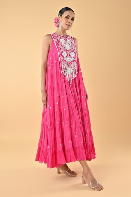 Keith Gomes Pink Chiffon, Crepe Embroidery, Beads Round Neck Dress Online at Aza Fashions Keith Gomes_Pink Chiffon, Crepe Embroidery, Beads Round Neck Dress _Online_at_Aza_Fashions