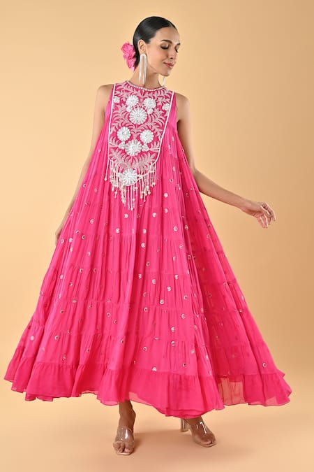 Buy Keith Gomes Pink Chiffon, Crepe Embroidery, Beads Round Neck Dress Online at Aza Fashions Buy_Keith Gomes_Pink Chiffon, Crepe Embroidery, Beads Round Neck Dress _Online_at_Aza_Fashions