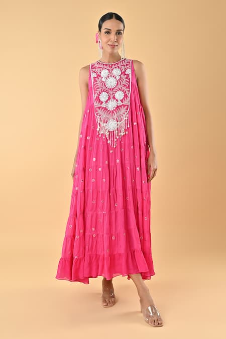 Keith Gomes Pink Chiffon, Crepe Embroidery, Beads Round Neck Dress 