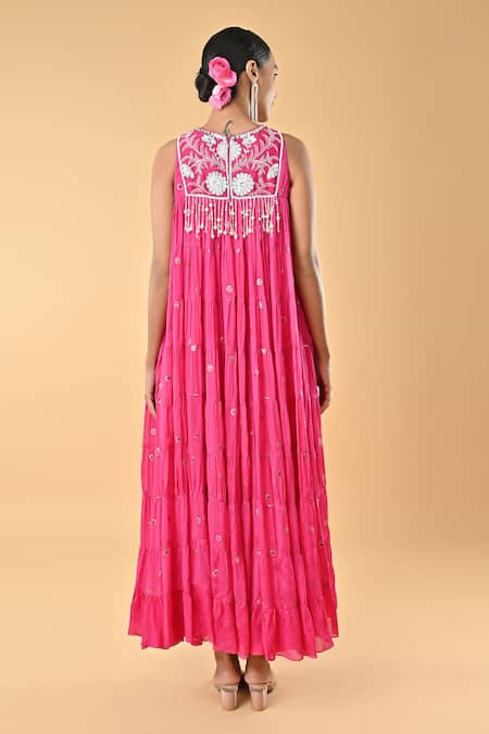 Shop Keith Gomes Pink Chiffon, Crepe Embroidery, Beads Round Neck Dress at Aza Fashions Shop_Keith Gomes_Pink Chiffon, Crepe Embroidery, Beads Round Neck Dress _at_Aza_Fashions