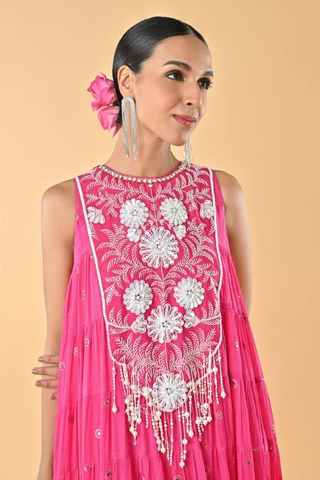 Shop Keith Gomes Pink Chiffon, Crepe Embroidery, Beads Round Neck Dress Online at Aza Fashions Shop_Keith Gomes_Pink Chiffon, Crepe Embroidery, Beads Round Neck Dress _Online_at_Aza_Fashions