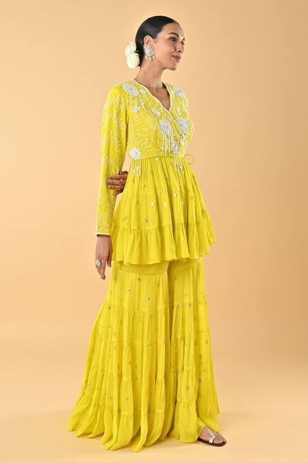 Keith Gomes Yellow Chiffon, Crepe Sequins, Embroidery V-neck Peplum Kurta And Gharara Set Online at Aza Fashions Keith Gomes_Yellow Chiffon, Crepe Sequins, Embroidery V-neck Peplum Kurta And Gharara Set _Online_at_Aza_Fashions
