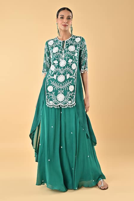 Keith Gomes Embroidered Green Silk Organza Tunic Set 