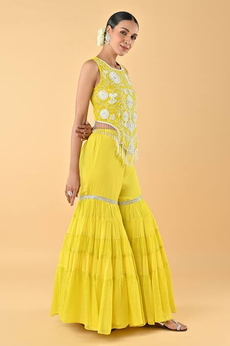 Keith Gomes_Yellow Chiffon, Crepe Embroidery, Beads, Ruffles Round Neck Blouse And Gharara Set _Online_at_Aza_Fashions