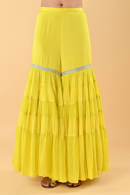 Buy_Keith Gomes_Yellow Chiffon, Crepe Embroidery, Beads, Ruffles Round Neck Blouse And Gharara Set _Online_at_Aza_Fashions