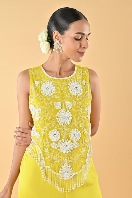 Shop_Keith Gomes_Yellow Chiffon, Crepe Embroidery, Beads, Ruffles Round Neck Blouse And Gharara Set _Online_at_Aza_Fashions