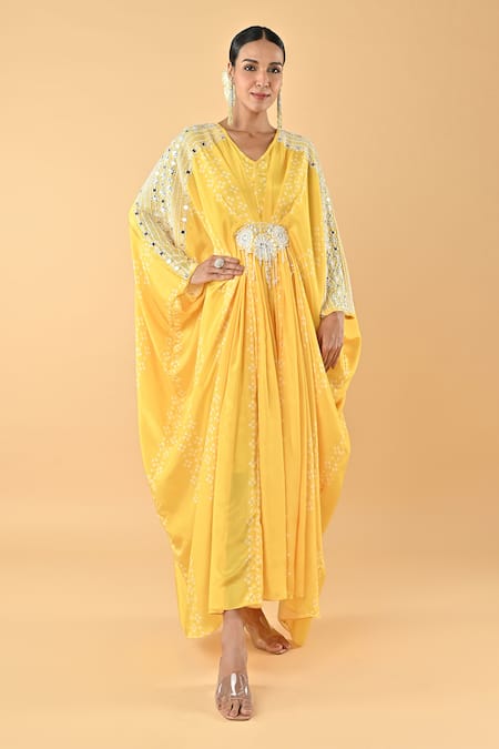 Keith Gomes Yellow Chiffon, Crepe Sequins, Embroidery V-neck Designer Kaftan With Slip 
