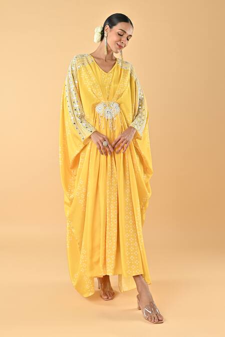 KEITH GOMES Yellow Chiffon, Crepe Sequins, Embroidery V-neck Designer Kaftan With Slip Online at Aza Fashions KEITH GOMES_Yellow Chiffon, Crepe Sequins, Embroidery V-neck Designer Kaftan With Slip _Online_at_Aza_Fashions