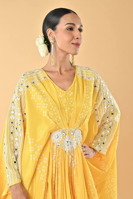 Buy KEITH GOMES Yellow Chiffon, Crepe Sequins, Embroidery V-neck Designer Kaftan With Slip Online at Aza Fashions Buy_KEITH GOMES_Yellow Chiffon, Crepe Sequins, Embroidery V-neck Designer Kaftan With Slip _Online_at_Aza_Fashions