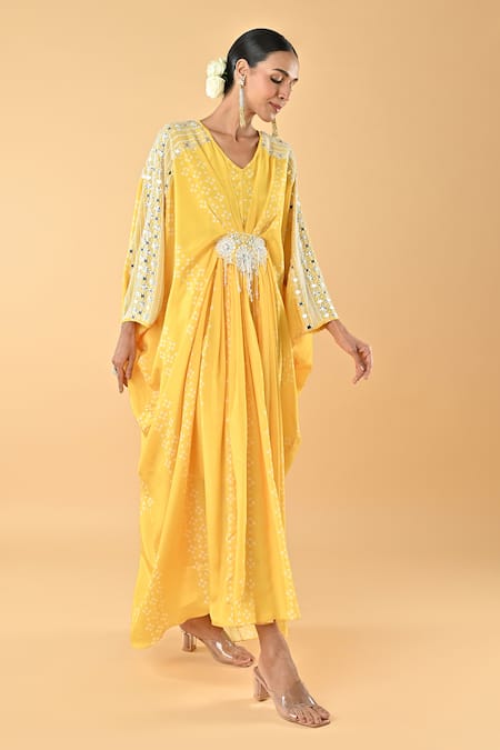 Shop KEITH GOMES Yellow Chiffon, Crepe Sequins, Embroidery V-neck Designer Kaftan With Slip Online at Aza Fashions Shop_KEITH GOMES_Yellow Chiffon, Crepe Sequins, Embroidery V-neck Designer Kaftan With Slip _Online_at_Aza_Fashions