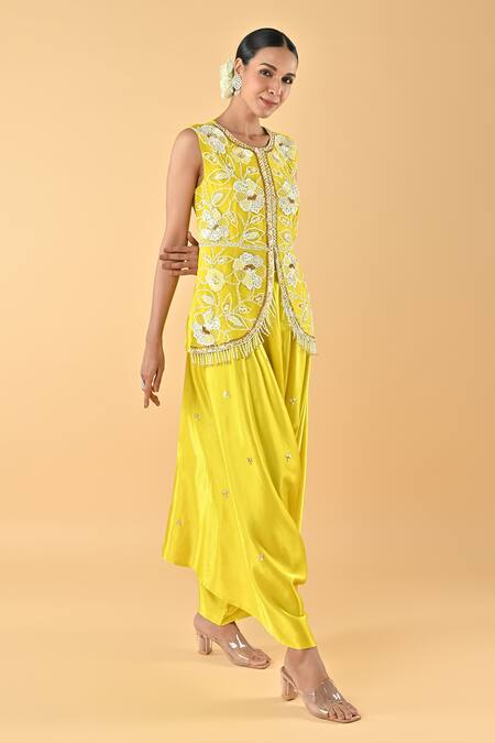 Keith Gomes Yellow Chiffon, Crepe Beads Round Neck Embroidered Tunic And Dhoti Set Online at Aza Fashions Keith Gomes_Yellow Chiffon, Crepe Beads Round Neck Embroidered Tunic And Dhoti Set _Online_at_Aza_Fashions