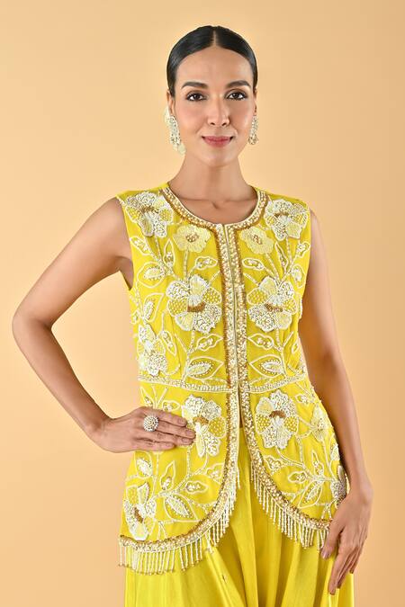 Shop Keith Gomes Yellow Chiffon, Crepe Beads Round Neck Embroidered Tunic And Dhoti Set Online at Aza Fashions Shop_Keith Gomes_Yellow Chiffon, Crepe Beads Round Neck Embroidered Tunic And Dhoti Set _Online_at_Aza_Fashions