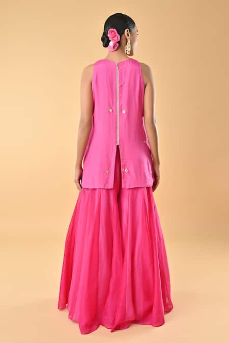 Shop Keith Gomes Pink Silk Organza Embroidery, Sequins Round Neck Designer Tunic Set at Aza Fashions Shop_Keith Gomes_Pink Silk Organza Embroidery, Sequins Round Neck Designer Tunic Set _at_Aza_Fashions