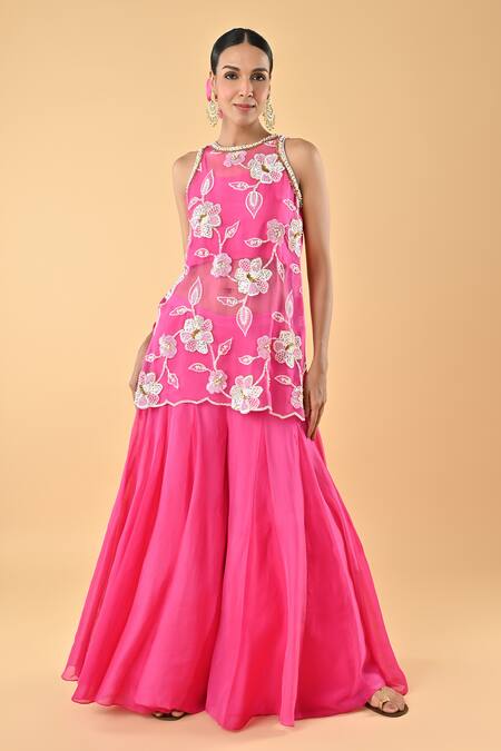 Buy Keith Gomes Pink Silk Organza Embroidery, Sequins Round Neck Designer Tunic Set Online at Aza Fashions Buy_Keith Gomes_Pink Silk Organza Embroidery, Sequins Round Neck Designer Tunic Set _Online_at_Aza_Fashions