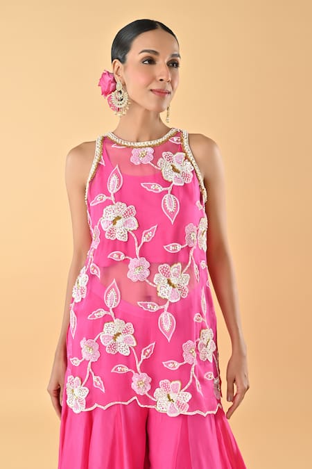 Shop Keith Gomes Pink Silk Organza Embroidery, Sequins Round Neck Designer Tunic Set Online at Aza Fashions Shop_Keith Gomes_Pink Silk Organza Embroidery, Sequins Round Neck Designer Tunic Set _Online_at_Aza_Fashions