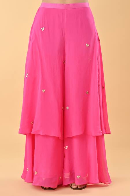 Keith Gomes_Pink Silk Organza Embroidery, Sequins Round Neck Floral Tunic And Palazzo Set _Online_at_Aza_Fashions