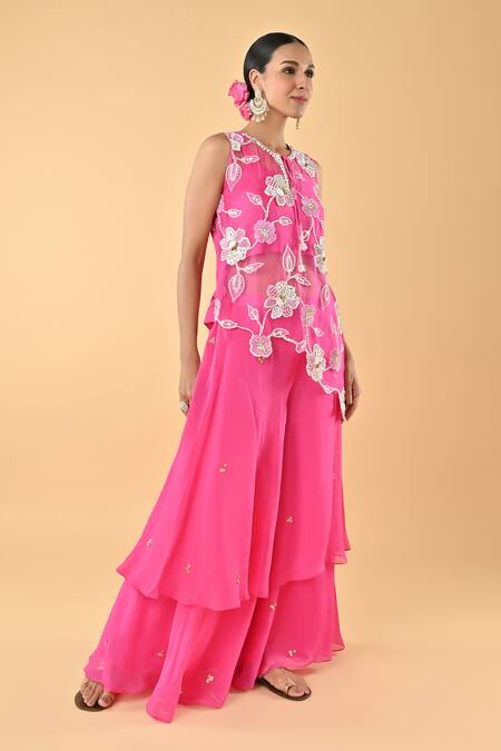 Buy_Keith Gomes_Pink Silk Organza Embroidery, Sequins Round Neck Floral Tunic And Palazzo Set _Online_at_Aza_Fashions