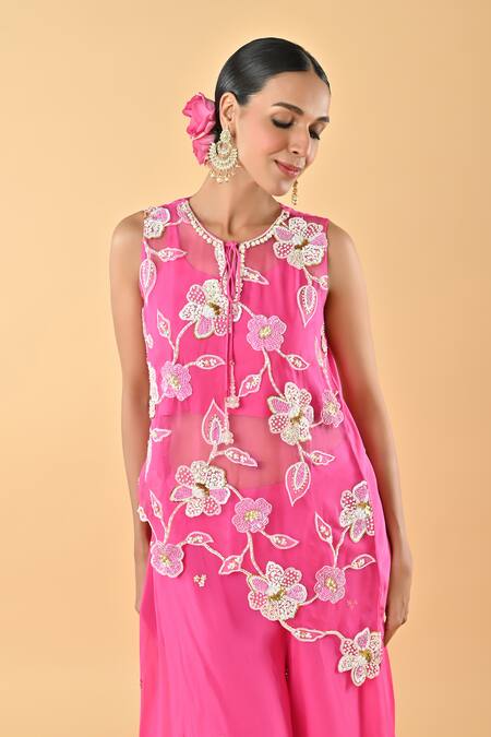 Shop_Keith Gomes_Pink Silk Organza Embroidery, Sequins Round Neck Floral Tunic And Palazzo Set _Online_at_Aza_Fashions
