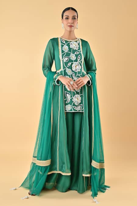 Keith Gomes Embroidered Green Silk Organza Tunic Set 