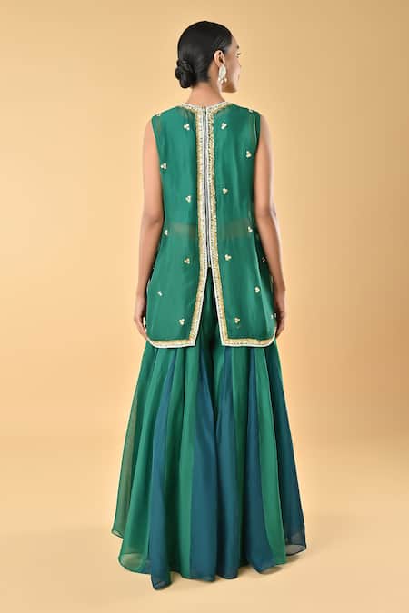 Shop Keith Gomes Green Silk Organza Embroidery Round Neck Tunic And Palazzo Set at Aza Fashions Shop_Keith Gomes_Green Silk Organza Embroidery Round Neck Tunic And Palazzo Set _at_Aza_Fashions
