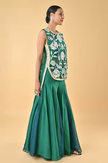 Keith Gomes Green Silk Organza Embroidery Round Neck Tunic And Palazzo Set Online at Aza Fashions Keith Gomes_Green Silk Organza Embroidery Round Neck Tunic And Palazzo Set _Online_at_Aza_Fashions