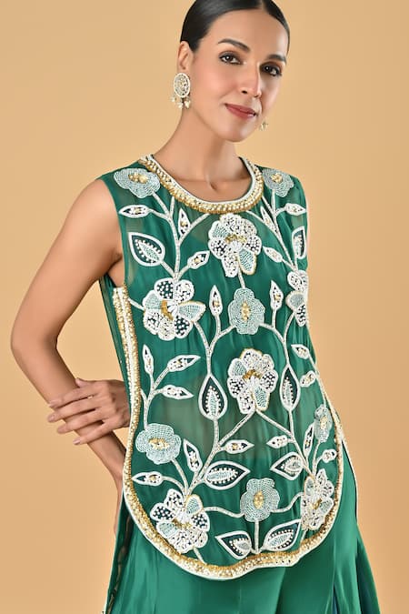 Shop Keith Gomes Green Silk Organza Embroidery Round Neck Tunic And Palazzo Set Online at Aza Fashions Shop_Keith Gomes_Green Silk Organza Embroidery Round Neck Tunic And Palazzo Set _Online_at_Aza_Fashions