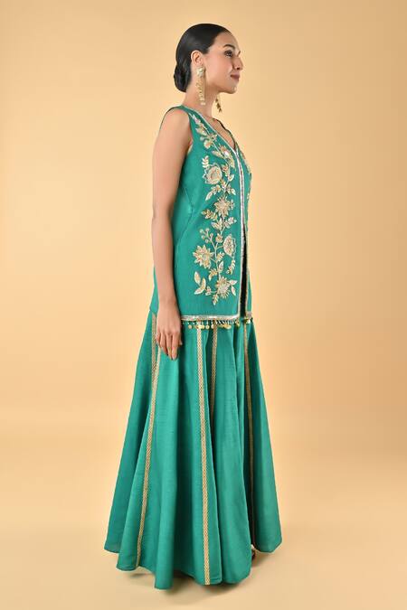 Keith Gomes_Green Embroidery, Piping V-neck Tunic And Palazzo Set _Online_at_Aza_Fashions
