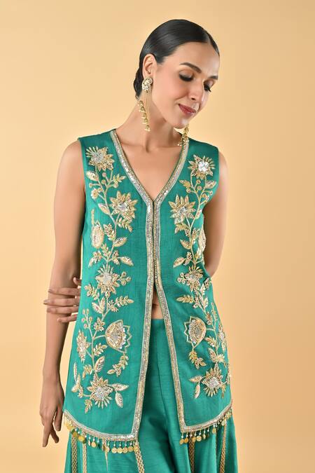 Shop_Keith Gomes_Green Embroidery, Piping V-neck Tunic And Palazzo Set _Online_at_Aza_Fashions