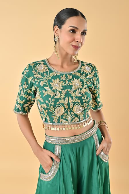 Buy_Keith Gomes_Green Silk Organza Tassels, Embroidery, Sequins Round Neck Set _Online_at_Aza_Fashions