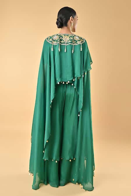 Keith Gomes Embroidered Green Silk Organza Cape Set 