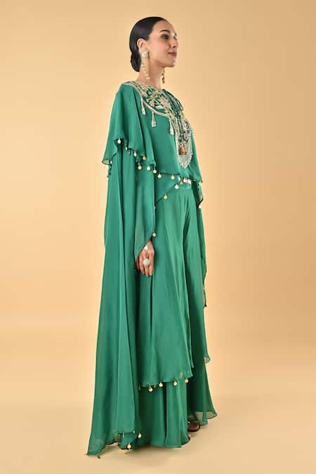 Keith Gomes_Green Silk Organza Pom-poms Embroidered Cape Set _Online_at_Aza_Fashions