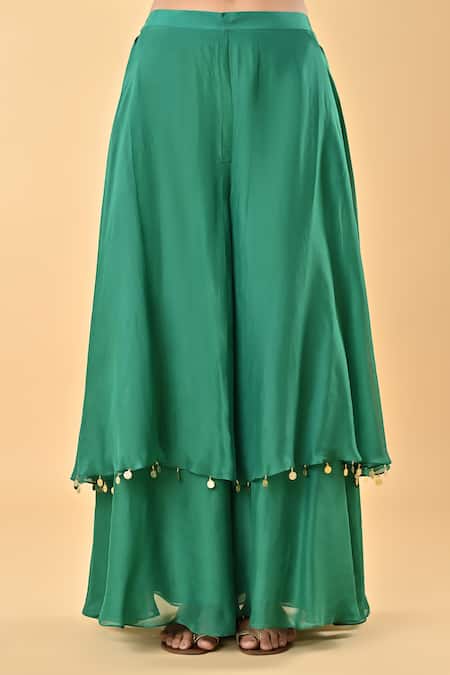 Buy_Keith Gomes_Green Silk Organza Pom-poms Embroidered Cape Set _Online_at_Aza_Fashions