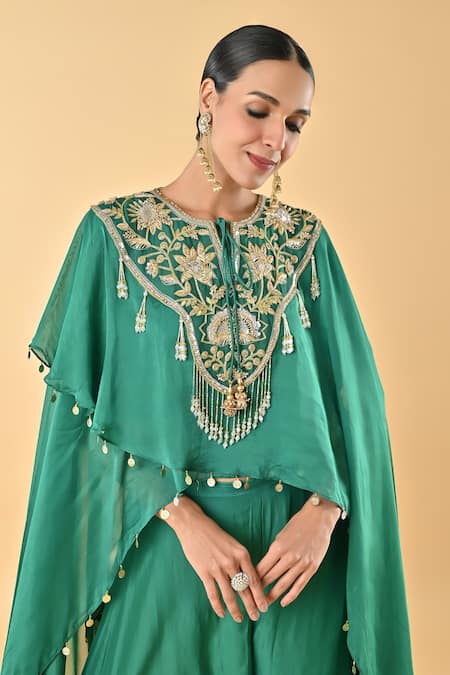 Shop_Keith Gomes_Green Silk Organza Pom-poms Embroidered Cape Set _Online_at_Aza_Fashions