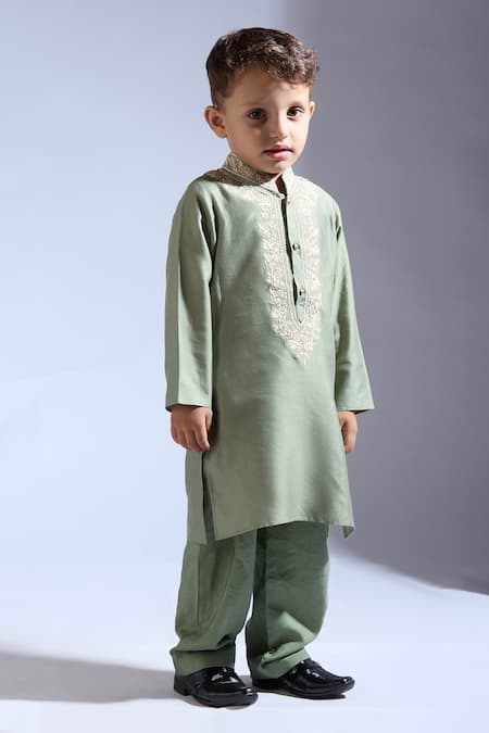 Shop_Neha Gursahani_Green Silk Embroidery Designer Kurta Pant Set _Online_at_Aza_Fashions