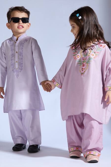 Buy_Neha Gursahani_Lilac Silk Embroidery Spun Kurta Pant Set 