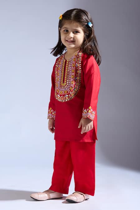 Neha Gursahani_Red Silk Beads Designer Kurta Pant Set _Online_at_Aza_Fashions