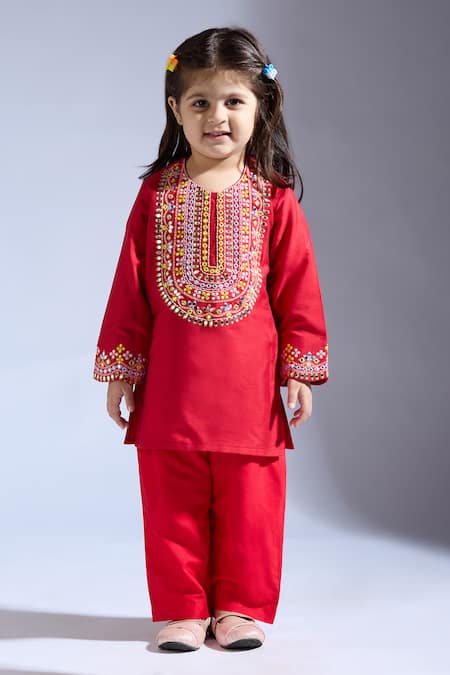 Buy_Neha Gursahani_Red Silk Beads Designer Kurta Pant Set _Online_at_Aza_Fashions
