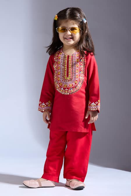 Neha Gursahani Red Silk Beads Designer Kurta Pant Set 