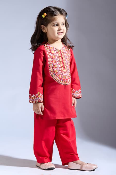 Shop_Neha Gursahani_Red Silk Beads Designer Kurta Pant Set _Online_at_Aza_Fashions
