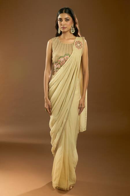 Samyukta Singhania_Cream Georgette Embroidery, Cut Work, Placement Pre-draped Saree With Blouse_Online_at_Aza_Fashions