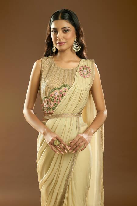 Buy_Samyukta Singhania_Cream Georgette Embroidery, Cut Work, Placement Pre-draped Saree With Blouse_Online_at_Aza_Fashions