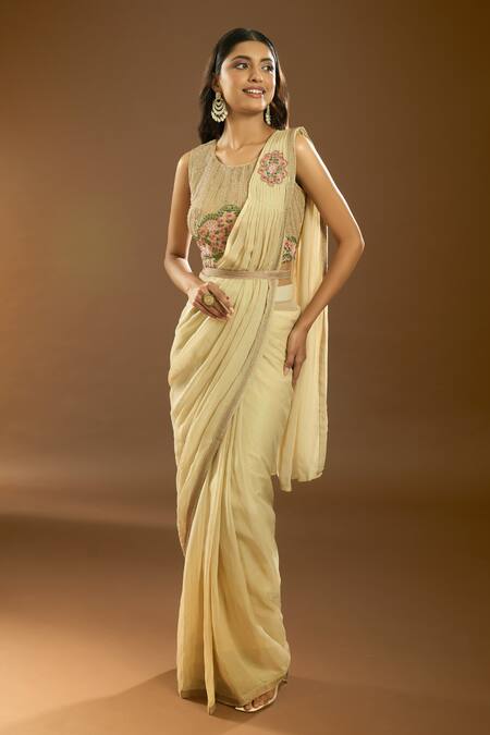Shop_Samyukta Singhania_Cream Georgette Embroidery, Cut Work, Placement Pre-draped Saree With Blouse_Online_at_Aza_Fashions