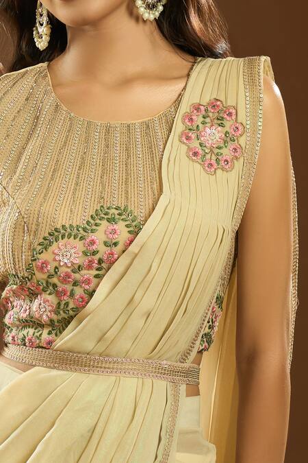 Samyukta Singhania_Cream Georgette Embroidery, Cut Work, Placement Pre-draped Saree With Blouse_at_Aza_Fashions