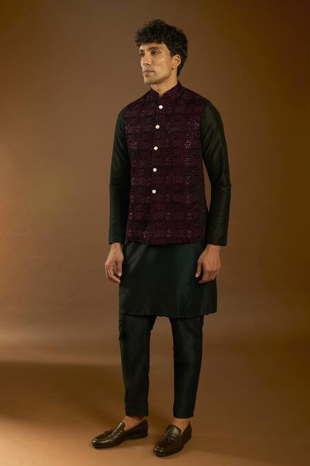 Buy_Arihant Rai Sinha_Purple Velvet Embroidery Bloom Art Bundi_Online_at_Aza_Fashions