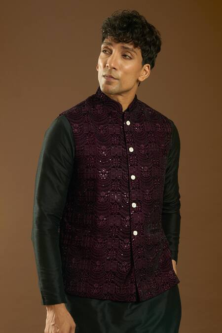 Shop_Arihant Rai Sinha_Purple Velvet Embroidery Bloom Art Bundi_Online_at_Aza_Fashions